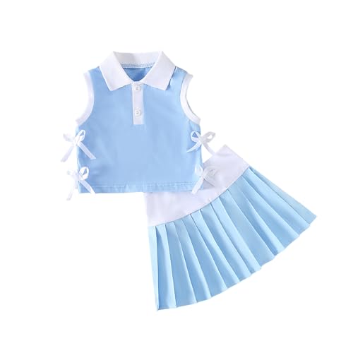 2Pcs Summer Clothes Toddler Baby Girl Golf Outfit Solid Sleeveless Polo Shirt and Pleated Mini Skirt Set
