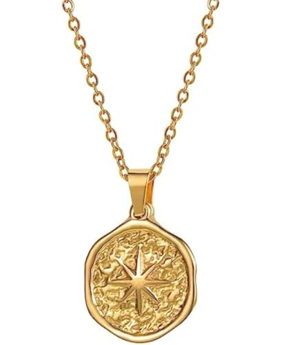 18K 18 Karat Yellow Gold Plated North Star Compass Charm Necklace - Beachy Boho Coin Jewelry Gift for Women - Graduation Gift- Nickel Free, Hypoallergenic, Waterproof
