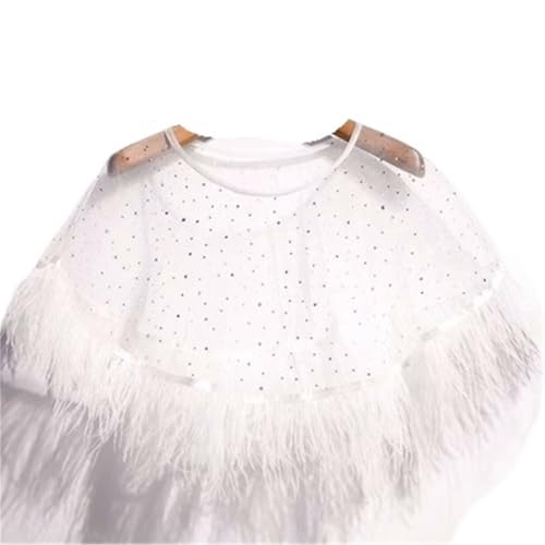 Châle en dentelle blanche de luxe avec plumes noires et perles pour femme