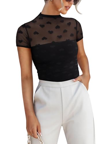 Image of REORIA Women's Sexy Mock Turtle Neck Short Sleeve Shirts Sheer Mesh Ruched Trendy Going Out Bodysuits Tops