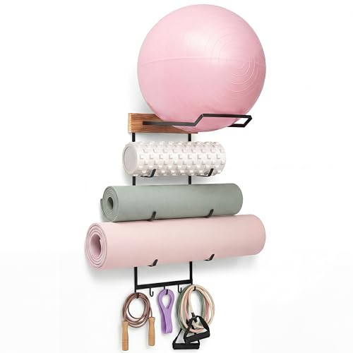 Geelin Yoga Mat and Ball Holder Wall Mount 4-Tier Yoga Mat & Ball Storage Rack Home Gym Organizer Black Metal Floating Shelf for Hanging Foam Rollers & Resistance Bands(5 Hooks Style Wood Color)