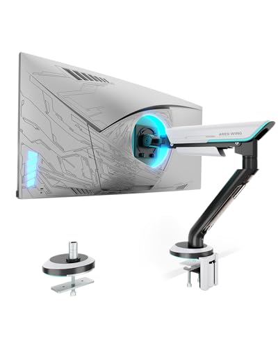 Image of Single Gaming Monitor Arm for 24 inch-57 inch Screens, Up to 60 lbs, White | Full Motion Computer Monitor Mount, Heavy Duty Gas Spring Desk Stand with VESA 75x75 to 200x200, with C Clamp, Grommet Base