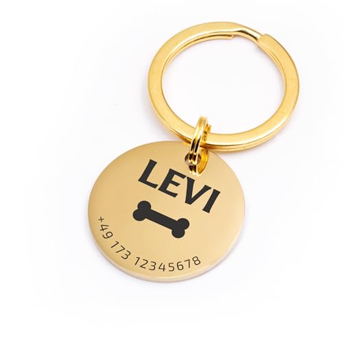 FELLSOCKE Personalisierte Hundemarke aus Edelstahl - 25mm | 30mm | 35mm, Individuell gravierbar, Robuste Tiermarke, Dogtag Anhänger Hunde, Pferde, Katzen & Welpen (Goldfarben, 25 mm)