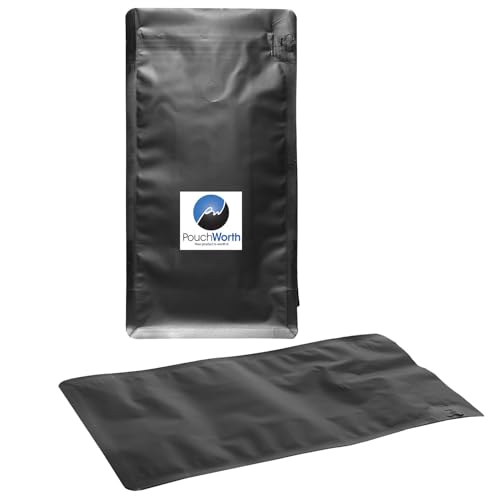 PouchWorth 100 Pack 12 oz Coffee Bags with Valve Black Flat Bottom Coffee Beans Packaging Pull Tab Zipper Resealable Bags