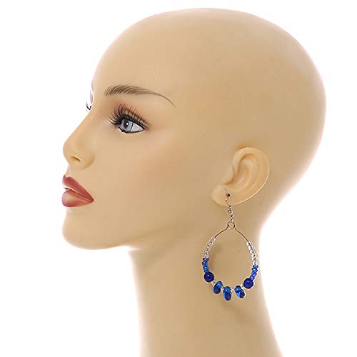 Royal Blue/Transparent Ceramic/Glass Bead Hoop Earrings In Silver Tone - 70mm Long2