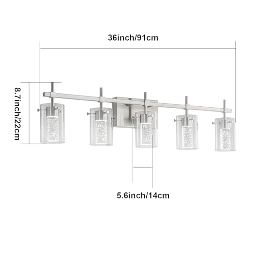 Image of 5-Light Brushed Nickel Vanity Light with 3 Color Modes(3000K /4000K /6000K, Dimmable), Eye Protection LED Bathroom Light Fixture, Modern Wall Light Over Mirror with Clear Glass Shade