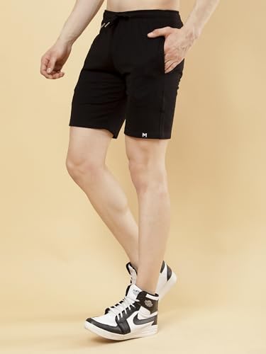 Image of POCKMAN Men's Regular Fit Black Cotton Terry Shorts- Perfect for Sports and Casual Wear.