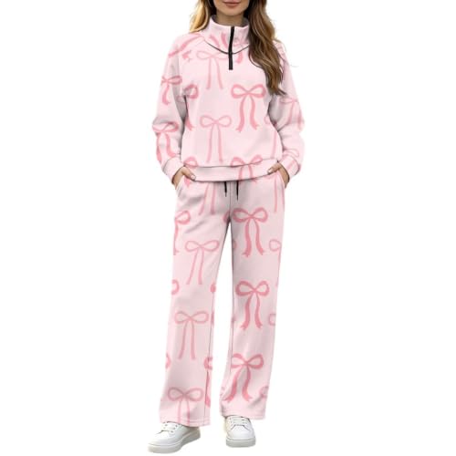 Pwnixequ Pink Bowknot Womens Quarter Zip Set S-4XL
