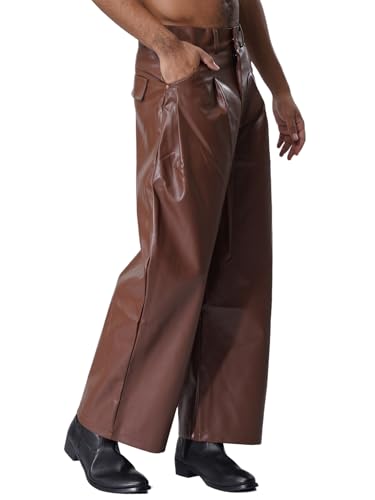 Hularka Adult Mens Casual Faux Leather Straight Leg Trousers Wet Look Motorcycle Riding Pants3