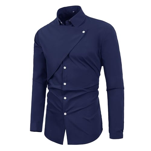DGHM-JLMY Men's Double-Breasted Fake Two-Piece Everted Placket Shirt Solid Personality British Style Fake 2 Piece Shirts2