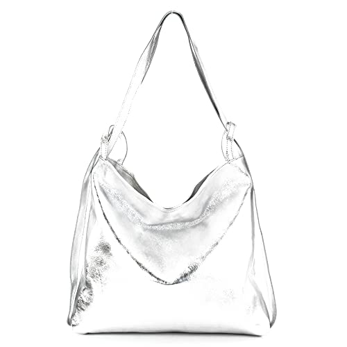 modamoda de - Sac à dos 2 en 1 pour femme en cuir - Argenté - Argent métallisé, Large