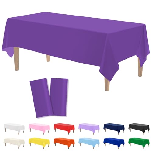 Image of Kopokita 2 Pack Purple Plastic Tablecloths Disposable 54 x 108 Inch | Rectangle Table Cloths, Party Table Covers for Birthday, Graduation, Halloween Decorations