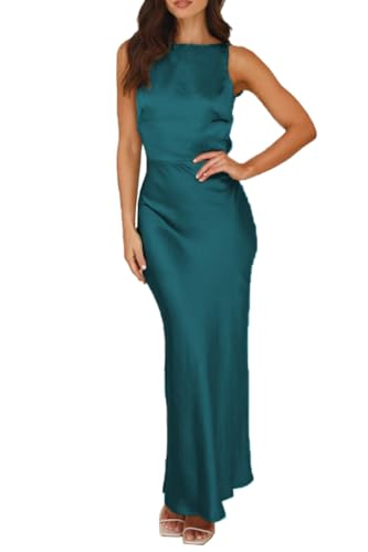 Image of Summer Satin Maxi Dresses for Women 2026 Elegant Classy Silk Formal Sleeveless Open Back Spaghetti Strap Wedding Guest Dress