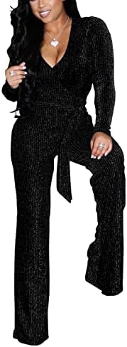 LightlyKiss Plus-Size Sequin Elegant Dressy Jumpsuits - Long Sleeve Glitter Cocktail Halloween Girl Jumper Suit Black Medium
