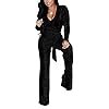 LightlyKiss Women Casual Sexy V Neck Sparkly Jumpsuits Long Sleeve Onesie Loose Pants Party Clubwear with Belt