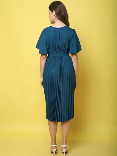 Image of Fabflee Women's Polyester A-Line Standard Length Dress (FB-P1-Pleated-206 L Turquoise L)