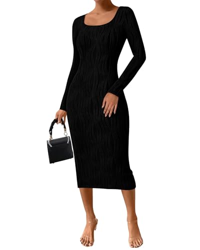 PRETTYGARDEN Womens Fall Dresses 2025 Long Sleeve Square Neck Knit Midi Beach Vacation Clothes Slit...