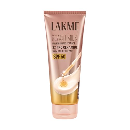Image of Lakme Peach Milk Sunscreen Moisturiser SPF 50 PA+++ with 2% Pro-Ceramides & Peptides | 2-in-1 Daily Face Cream | Lightweight, Non-Greasy & Sweat-Resistant for Hydrated Glowing Skin | 100g