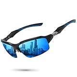 Ofwin Polarized Sports Sunglasses for Men Women Wrap Around Half Frame Cycling Fishing Bike Running Sun Glasses UV Protection Matte Black Frame/Blue Mirror Lens