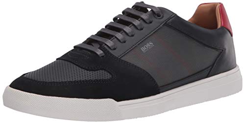 Hugo Boss BOSS Green Men's Leather Small Logo Sneaker, Dark Blue, 42 M