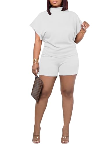 Ulovmi Women 2 Piece Outfits Summer Mock Neck Baggy Short Sleeve Top Shorts Lounge Set Casual Tracksuit White S