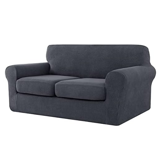 CHUN YI 3 Pieces Stretch Loveseat Sofa Cover for 2 Seater Couch, Washable Soft Sofa Slipcover with 2 Separate Seat Cushion Covers for Dogs, Checks Spandex Jacquard Fabric, Medium, Grey/Gray