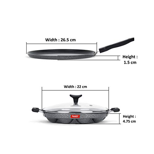 Image of SUMEET Aluminium NonStick Argent Cookware Set (Silver, Dosa Tawa - 26.5Cm , Grill Appam Patra with Glass Lid - 12 Cavity - 22cm Dia)