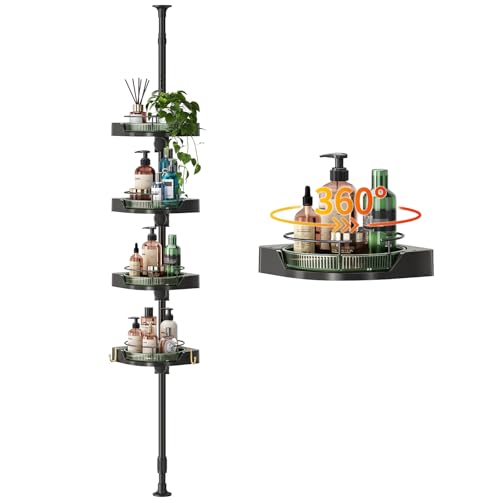 Image of AKINBAS 360 Rotating Shower Caddy Tension Pole with 4-Tier Rustproof Lazy Susan 35-128 Inch No Drilling Coner Shelves Adjustable Shower Rack for Bathroom Bathtub Washbasin Plant Storage (Black+Green)