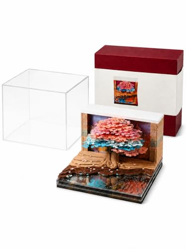 3D Creative Time Piece Calendar 2026 Desk Weekly Calendar Decoration with LED Light and Acrylic Case Paper Sculpture Non-stick Notes Paper Carving Art Craft Chirstmas Gift (Tree House)
