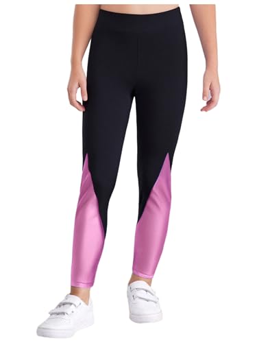 TiaoBug Kids Girls Sparkly Dance Gymnastics Leggings High Waist Color Block Shiny Pants Tights