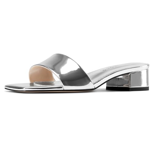 Image of TNYNFBEB Womens Chunky Block Low Heel Open Square Toe Sandals Mules Shoes Slip-on Prom Party Dress Patent Leather 1.4 Inches Heels
