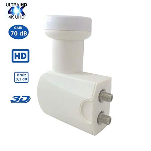 LNB Twin SR-2088, 0.1dB High Gain 70 DB !! - Tête Parabole Universelle Compatible Full HD 4K TNTSATCanal+ Astra et FRANSAT + 4fiches F Gold