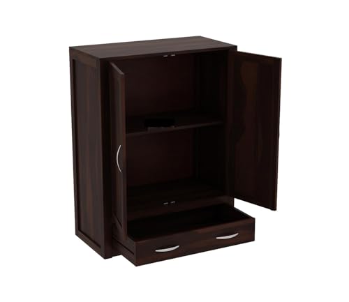 Image of Sheesham Wood Wooden 2 Door Wardrobe Organizer for Clothes | - Solid Wood Almirah with 1 Drawers, 2 Shelves - Cupboard for Large Bedroom, Walnut Finish