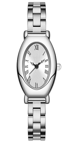 findtime Armbanduhr Damen Silber Klein Oval Elegant Analog Quarz Damenuhr mit Schmal Edelstahl Armband Klassische Kleid Uhr für Damen Minimalistische Vintage Modisch Römischen Ziffern Zifferblatt