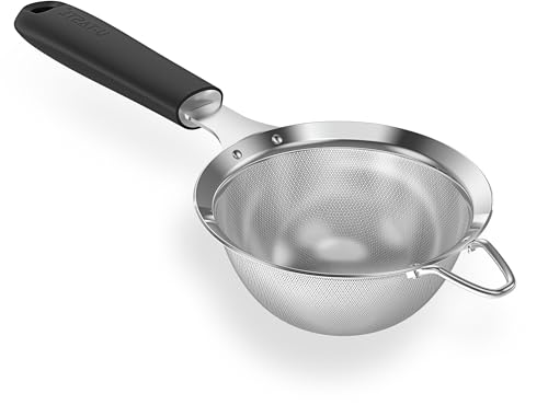 Image of U-Taste 10cm Fine Mesh Strainer, Small 18 /8 Stainless Steel Cooking, Baking, 30 Mesh Kitchen Sieve with Silicone Handle for Flour, Tea, Juice, Seeds, Coffee, Quinoa (Black)
