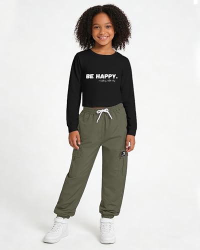 Image of Betusline Girls Fall Winter Clothing Sets, Long Sleeve Crop Top & Cargo Jogger Pants 2 Piece Outfit Sets,4T-14Y