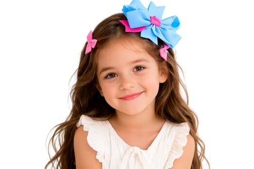 Image of BABIES BLOOM Designer Red Hair Bow, Baby Headband and Hair Accessory Set (Set of 5) (Blue Pink Flower With 2 Little Bow Clip)