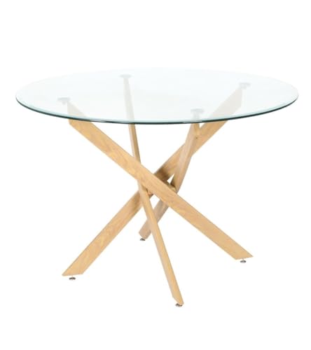 Home Heavenly® - Mesa Comedor Redonda de Cristal Dan, de 110 cm diámetro x 73 cm Altura. 4 Patas entrecruzadas. (Madera)