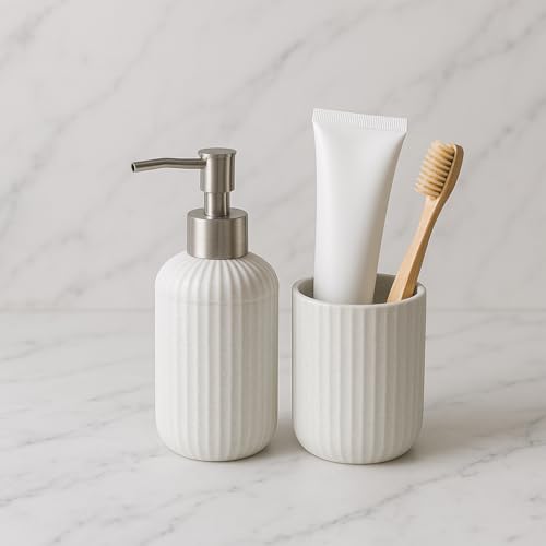 Image of LAGET Bathroom Accessories Set for Utility and Toothbrush Holder Bathroom Decor | Handwash Liquid Soap Dispenser Pump for Bathroom, Kitchen, Wash Basin, Sink Ribbed Design (White)