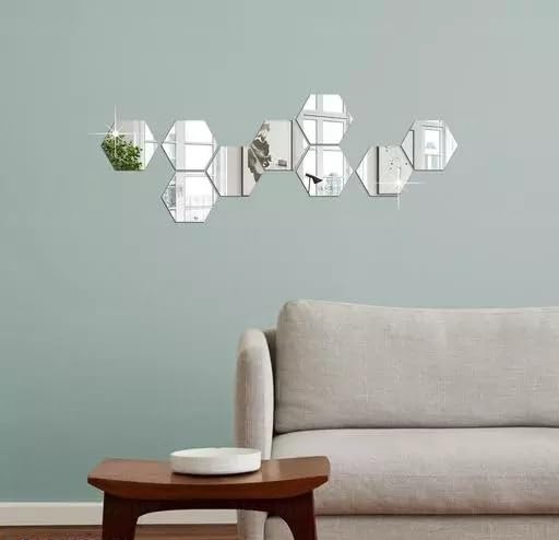 HAPPINY Acrylic Mirror Wall Stickers 9 Hexagon (10.5 cm x 12.1 cm) (Silver)