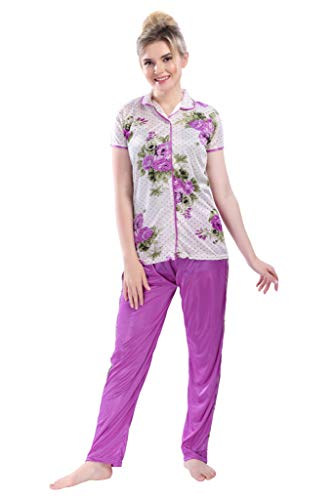 Image of Printed Night Suit for Women - Flower Print Satin Shirt and Pyjama Set (Front Open Collar Night Suit)