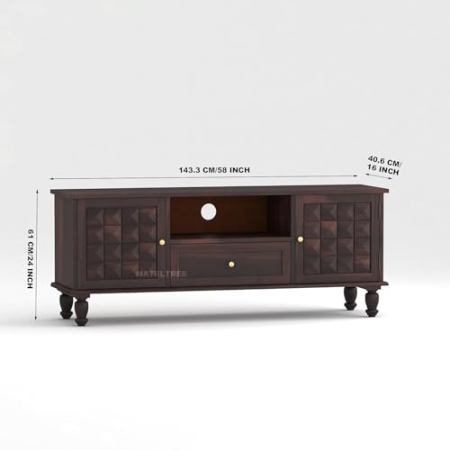 Image of Sheesham Wooden TV Unit for Living Room 55+ Inch Furniture - WoodenTV Unit with Drawer Shelves & 2 Door Wooden TV Cabinet for Living Room - Fits up to 55-Inch TV (James, Walnut Finish)