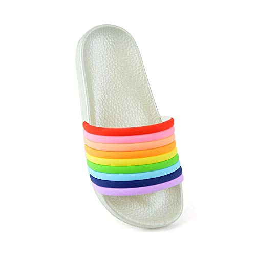 Mädchen Regenbogen Gestreifte Pool Sliders Strandsandalen Flip Flops - Silber EUR 31