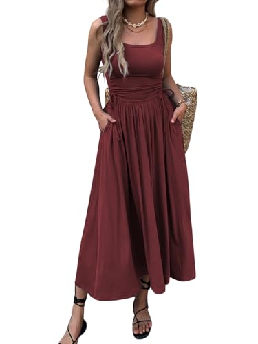 Image of Mieazom Women's Boho Summer Maxi Dress with Pockets, Adjustable Waist, Sleeveless Casual Ruched Sundress for Beach Vacation