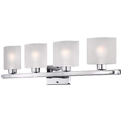 Image of Possini Euro Design Modern Wall Light Chrome Silver Metal Hardwired 32 inch 4-Light Fixture White Linen Glass Shades for Bedroom Bathroom Mirror Vanity Reading Living Room Hallway House Home Decor