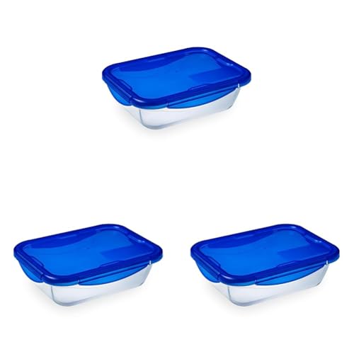 Pyrex - Cook & go - Boîte Rectangulaire en Verre avec Couvercle Hermétique et Étanche Ø 20 cm - Cuisinez au Four, Conservez et Emportez (Lot de 3)