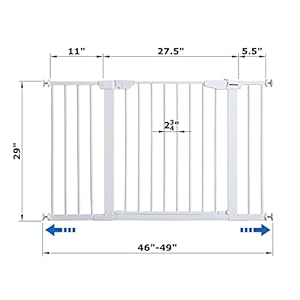 Walk Thru Pet Gate, 46″ to 49″ Extendable Wide, includes 5.5 and 11-Inch Extension Kit, 4 Pack Pressure Mount Kit, 4 Pack Wall Cups and Mounting Kit, White
