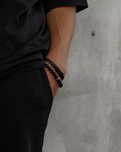 Luxar Men’s Beaded And Leather Bracelets | Interwoven Black Leather And Black Onyx Bead Bracelet | Minimalist Jewelry For Men (Black Bead, Medium) #TOP4