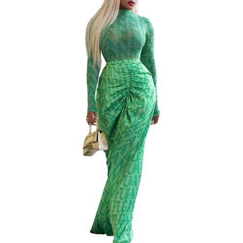 Women's 2 Piece Long Sleeve Mesh Turtleneck Top and Pleated Bodycon Maxi Skirt Going Out Outfits