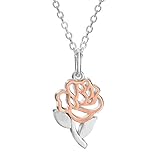 Disney, Beauty and the Beast Sterling Silver Two Tone Belle’s Rose Pendant Necklace, 18”